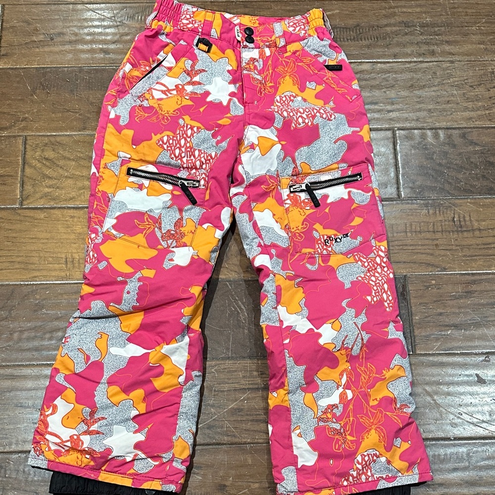 Roxy Girls Snow‎ Pants Size Small Pink Orange Camo Ski Snowboard
